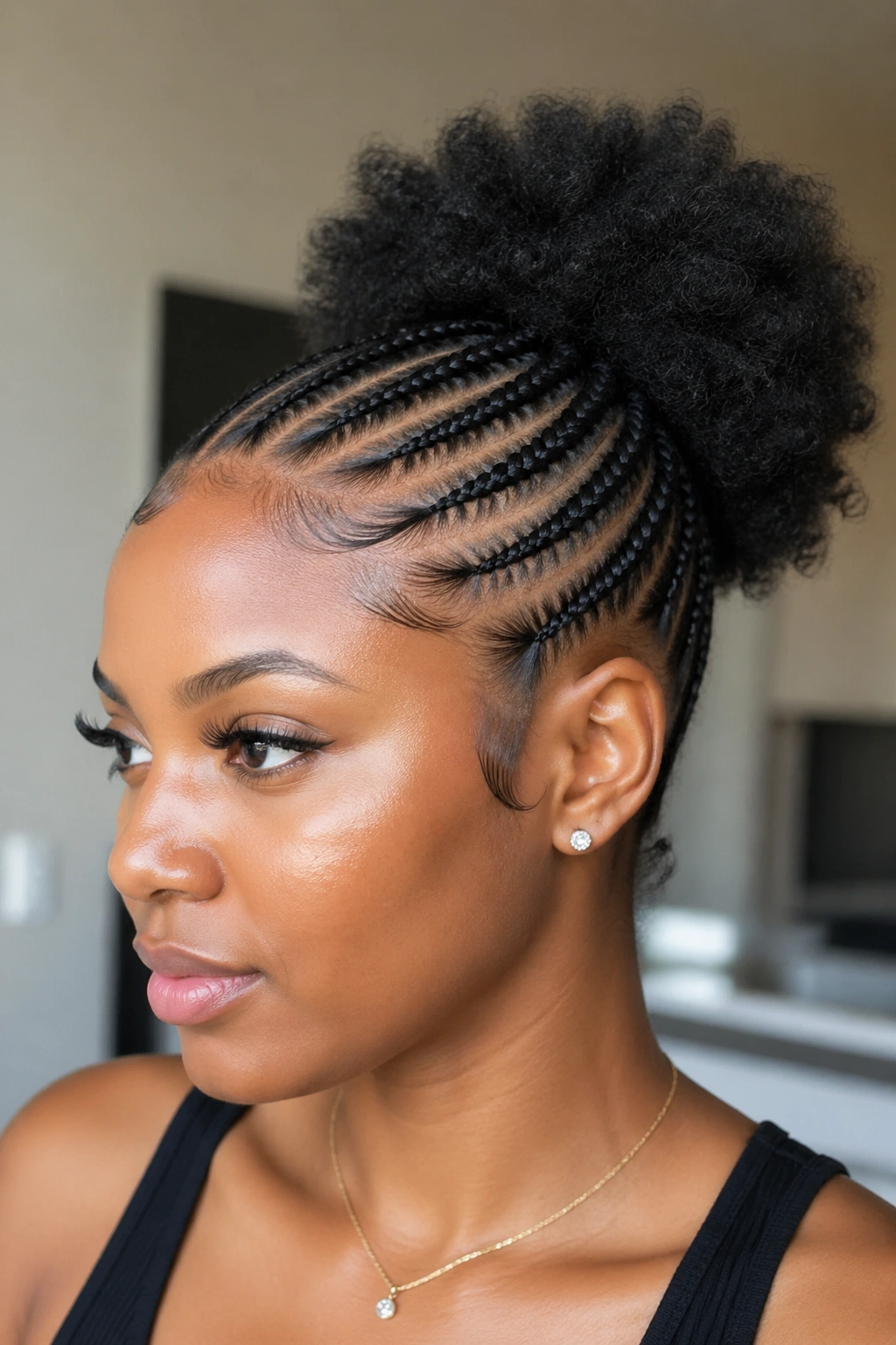 Real woman with feed-in cornrows and sleek puff