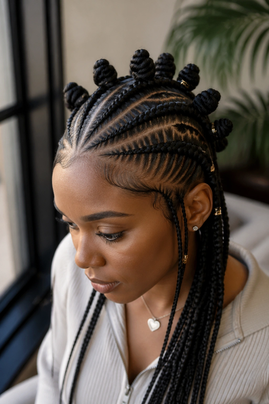 Close-up of a real woman with feed-in Fulani braids and seamless scalp cornrows