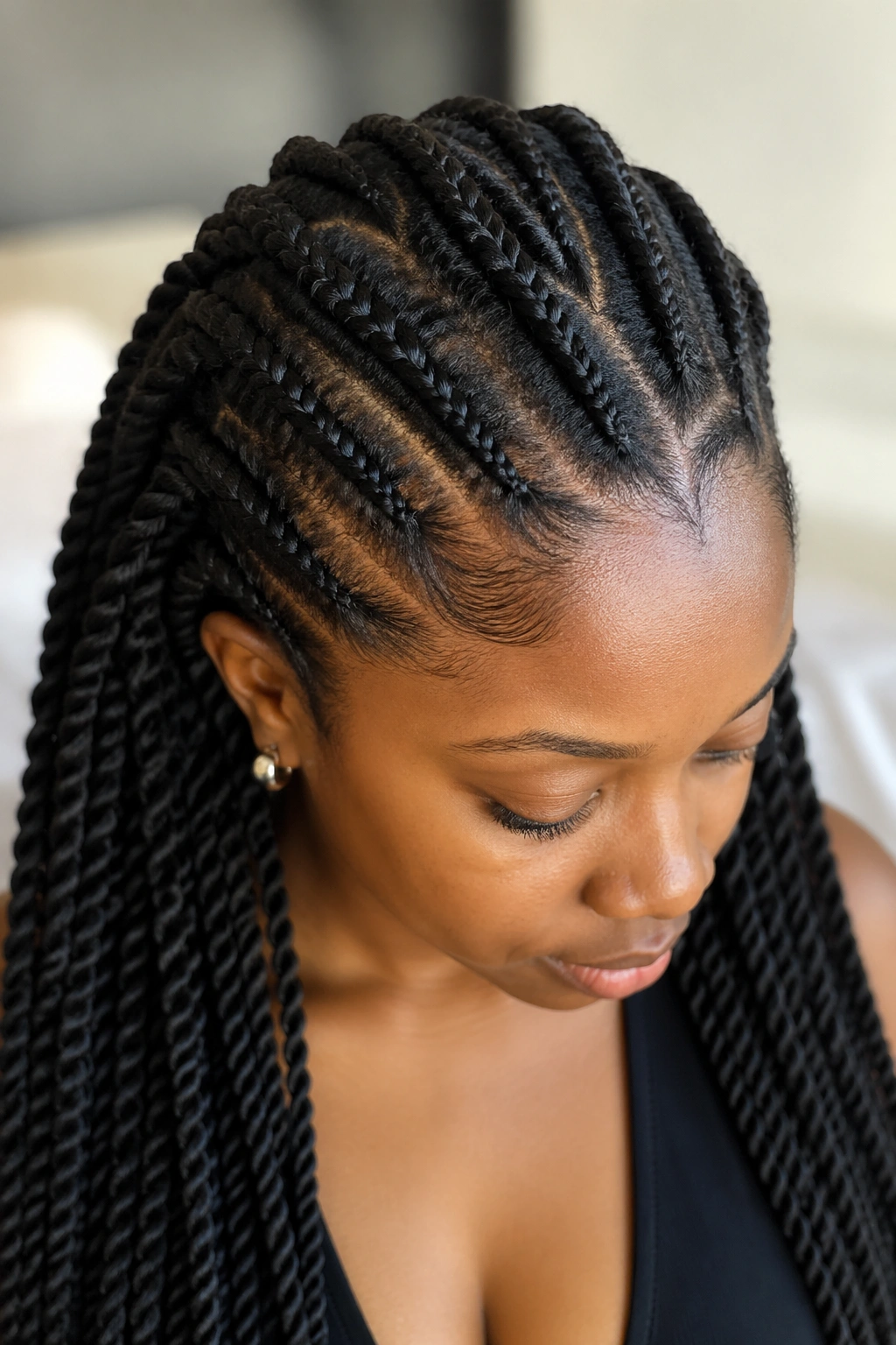 Close-up of a real woman with feed-in twist braids and a tighter root