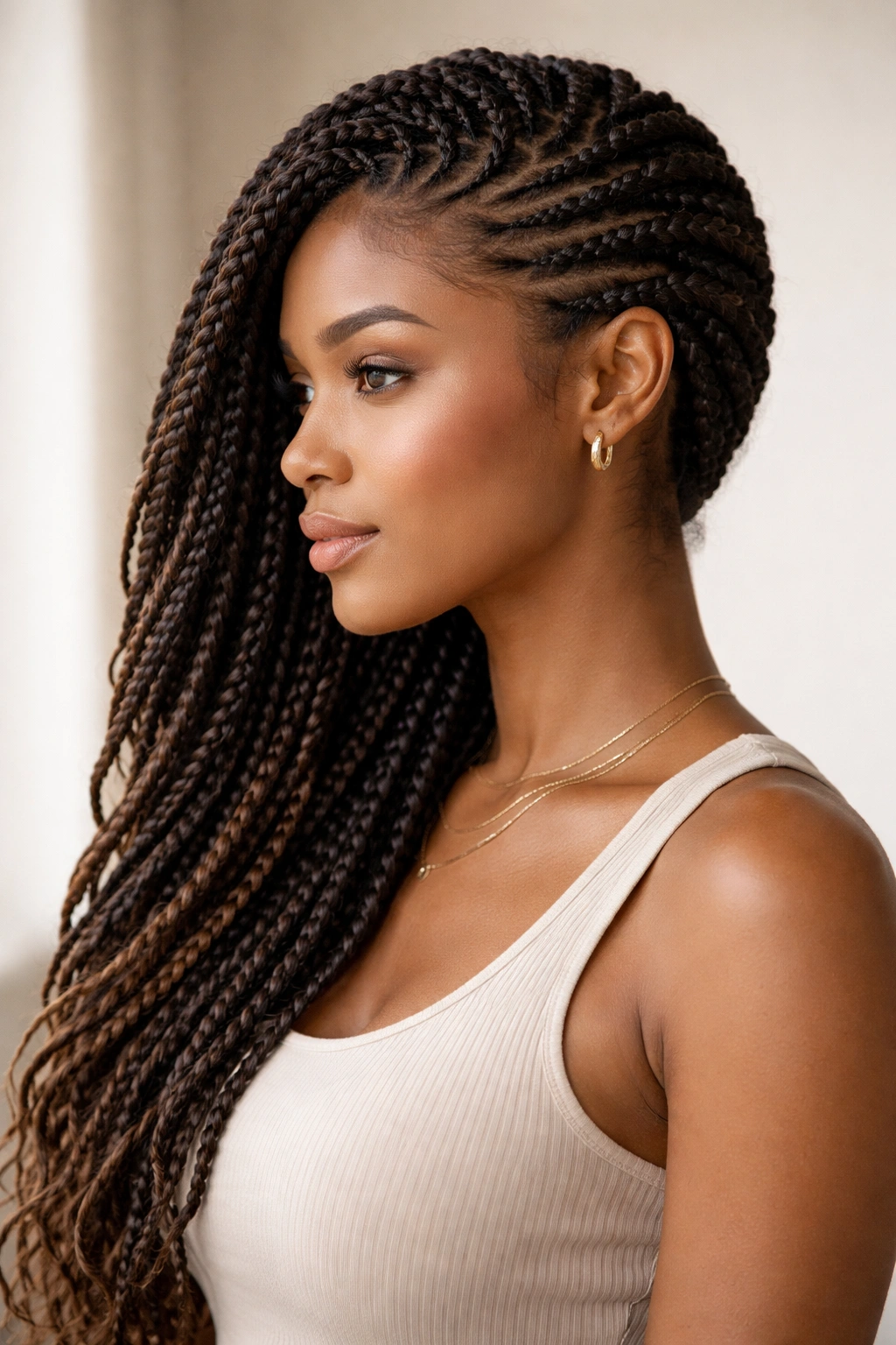 Side-swept feed-in twists flowing to one side with gradual root thickening
