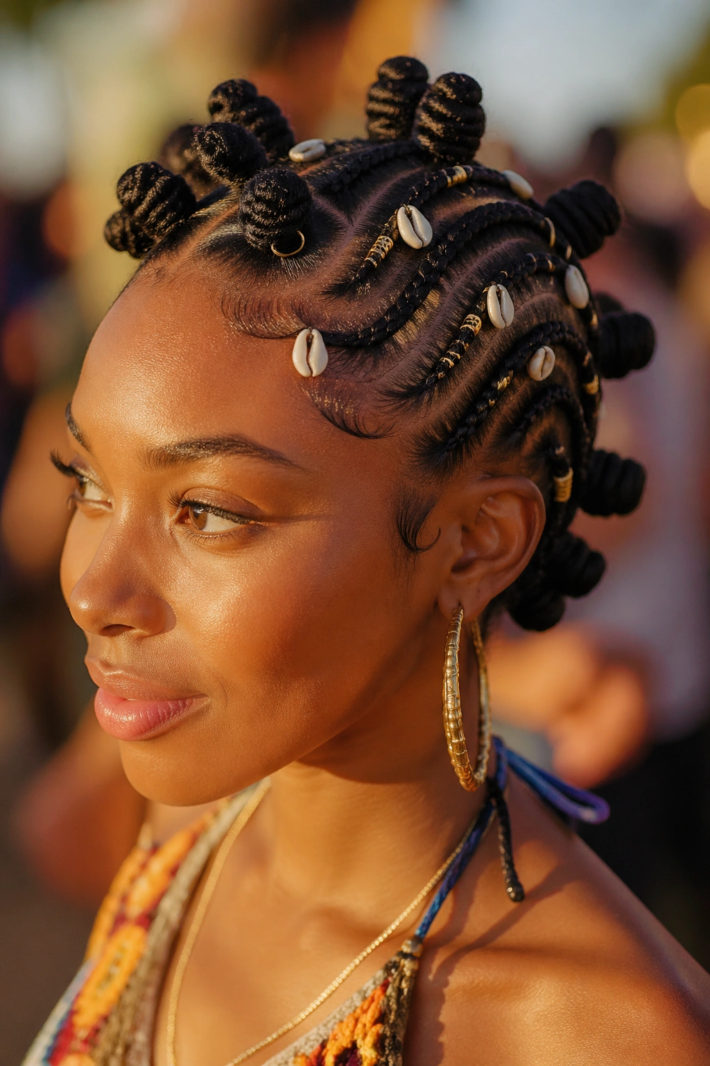 Close-up of a real person with curved braids accented by shells and rings.