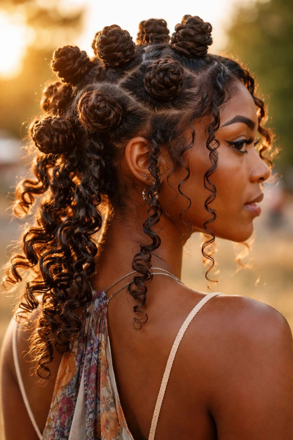 Bantu knots with curly ends showing loose spiral curls
