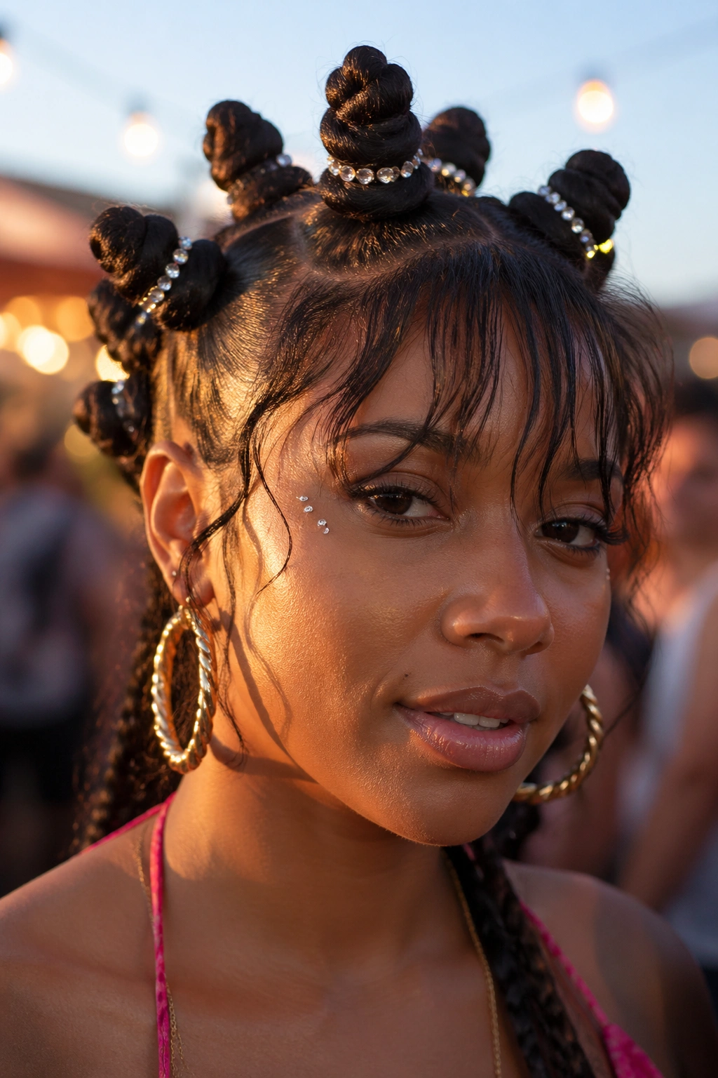 Close-up of a real woman with festival knots, gem accents, and fringe outdoors at golden hour