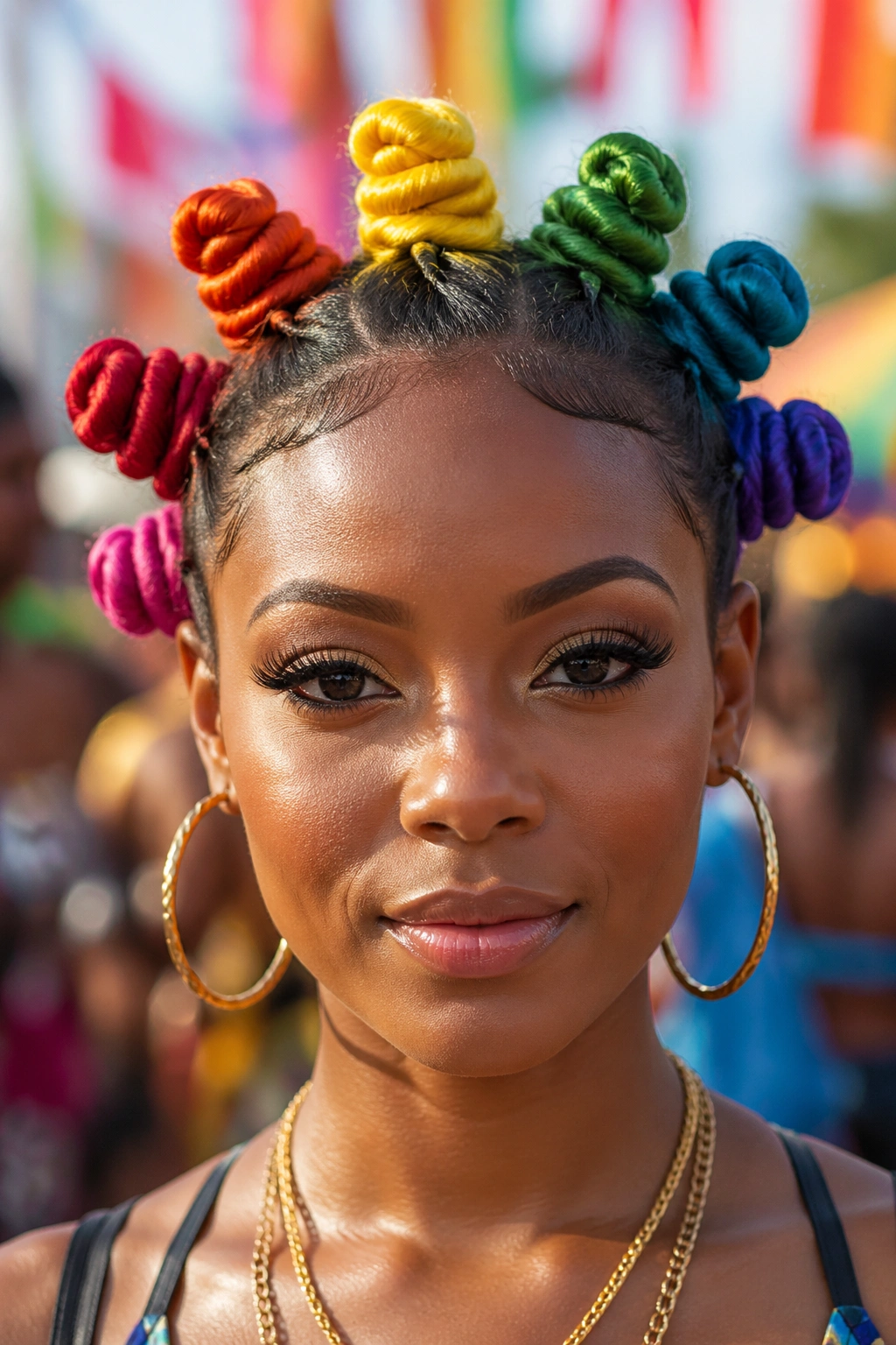 Real person with rainbow-colored knot crown forming a festival bloom.