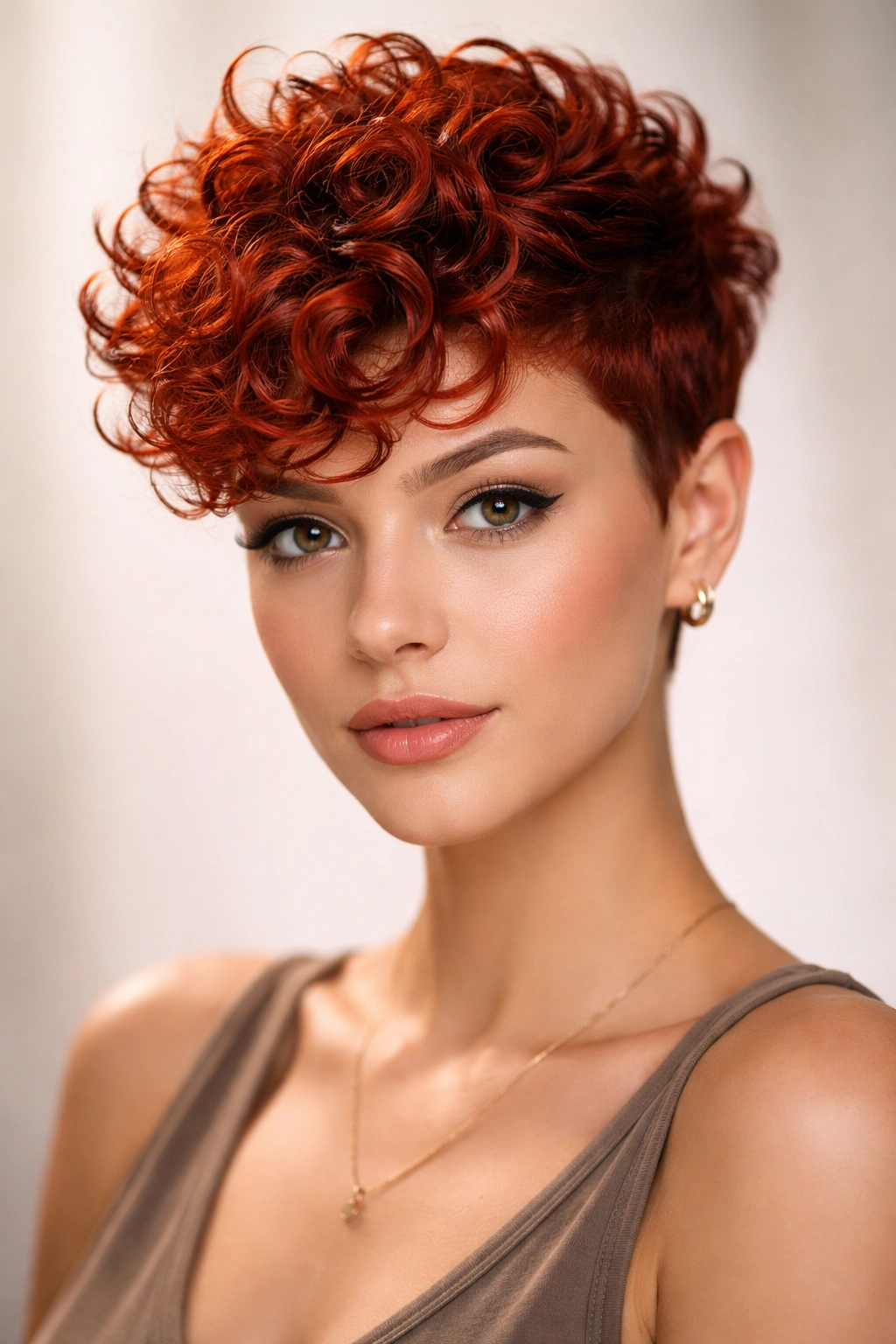 Fiery red pixie curls with prominent top length and crisp sides