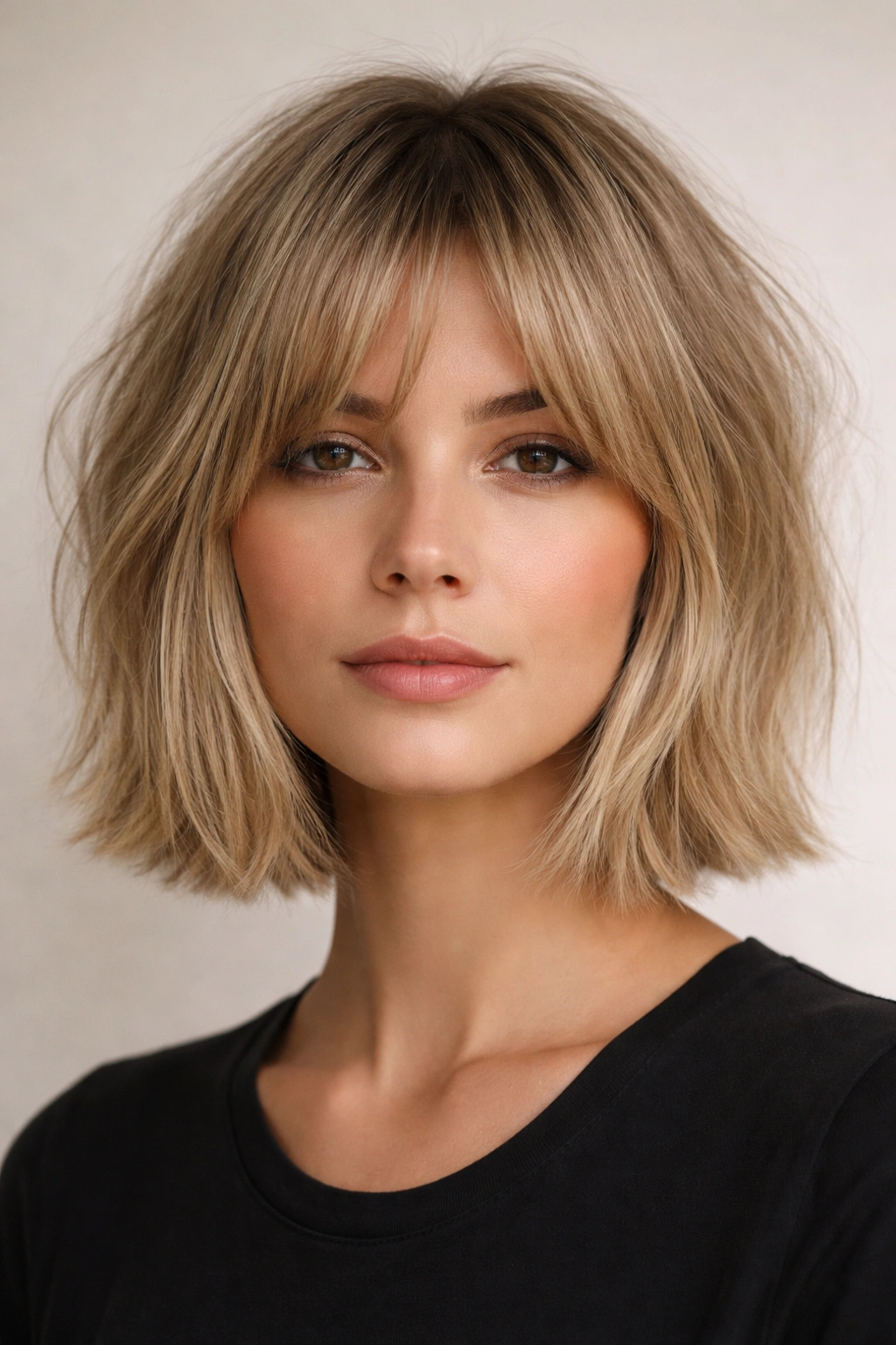 Close-up portrait of a fine-hair shaggy bob with a blunt perimeter showing thick blunt edge and soft interior texture.
