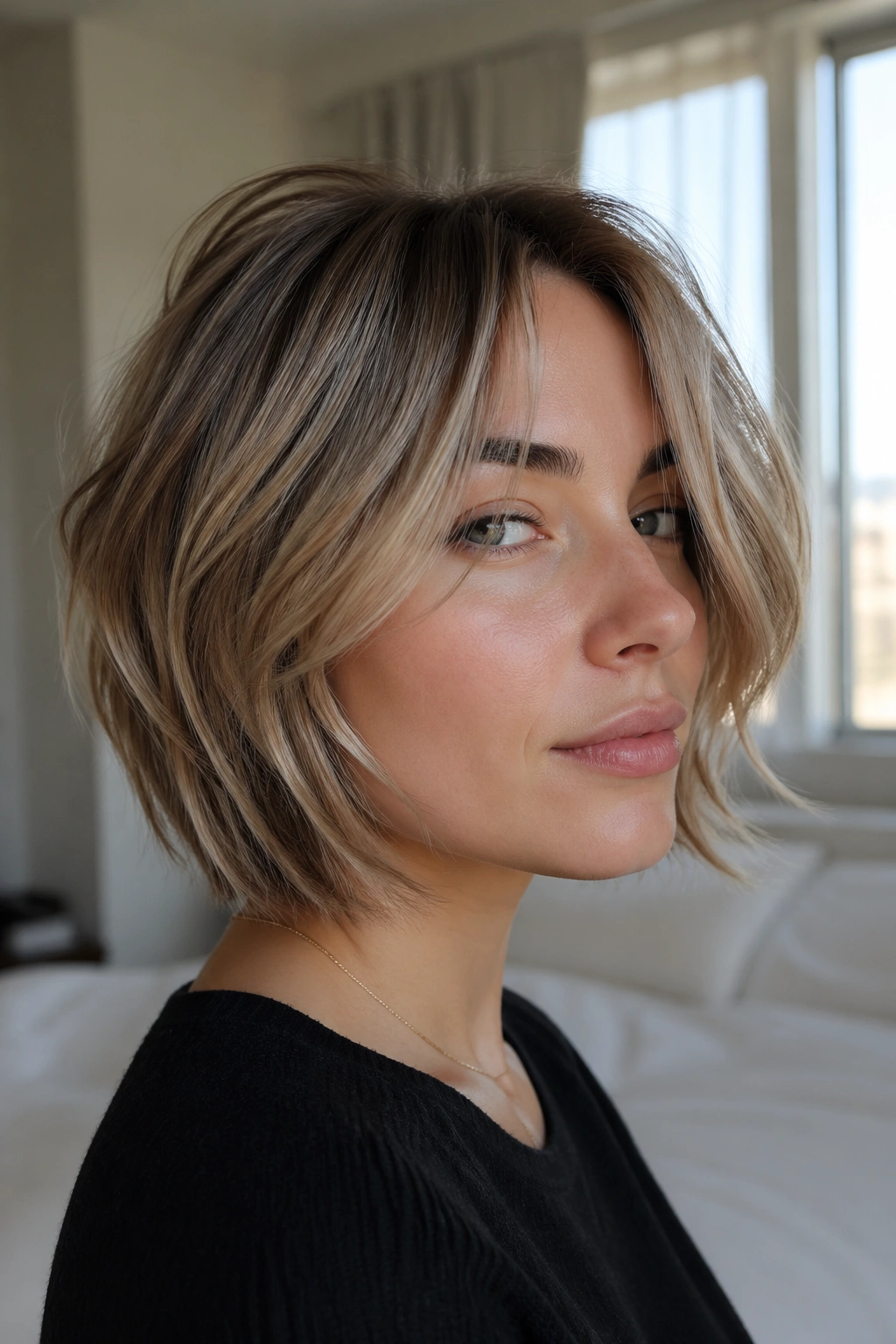 Close-up of real person with fine-hair wolf cut bob, airy interior layers and full perimeter under natural window light