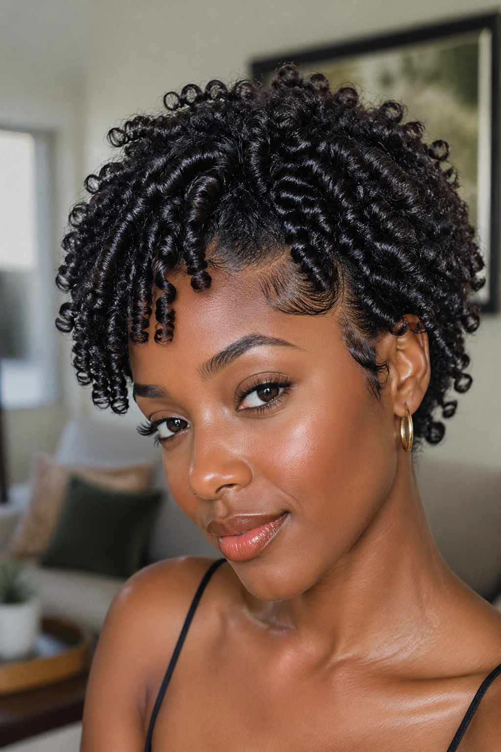 Close-up of a real woman with finger-coiled afro coils
