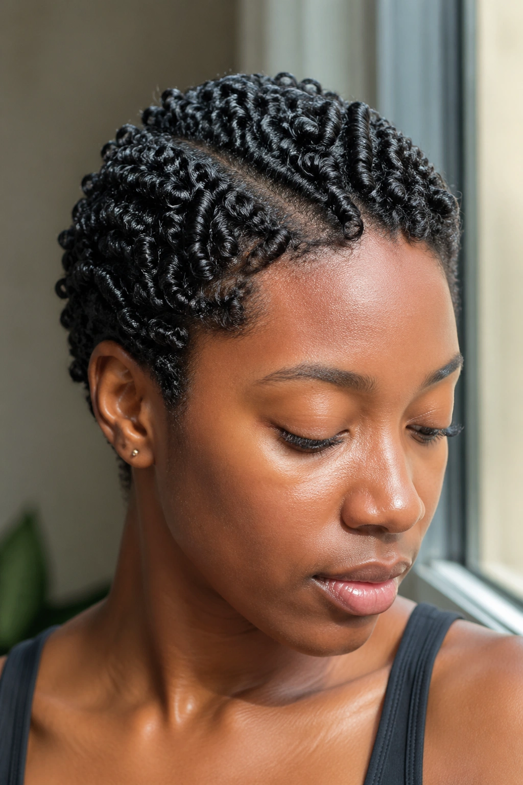 Close-up of real person with finger-coil crop 4C hair.