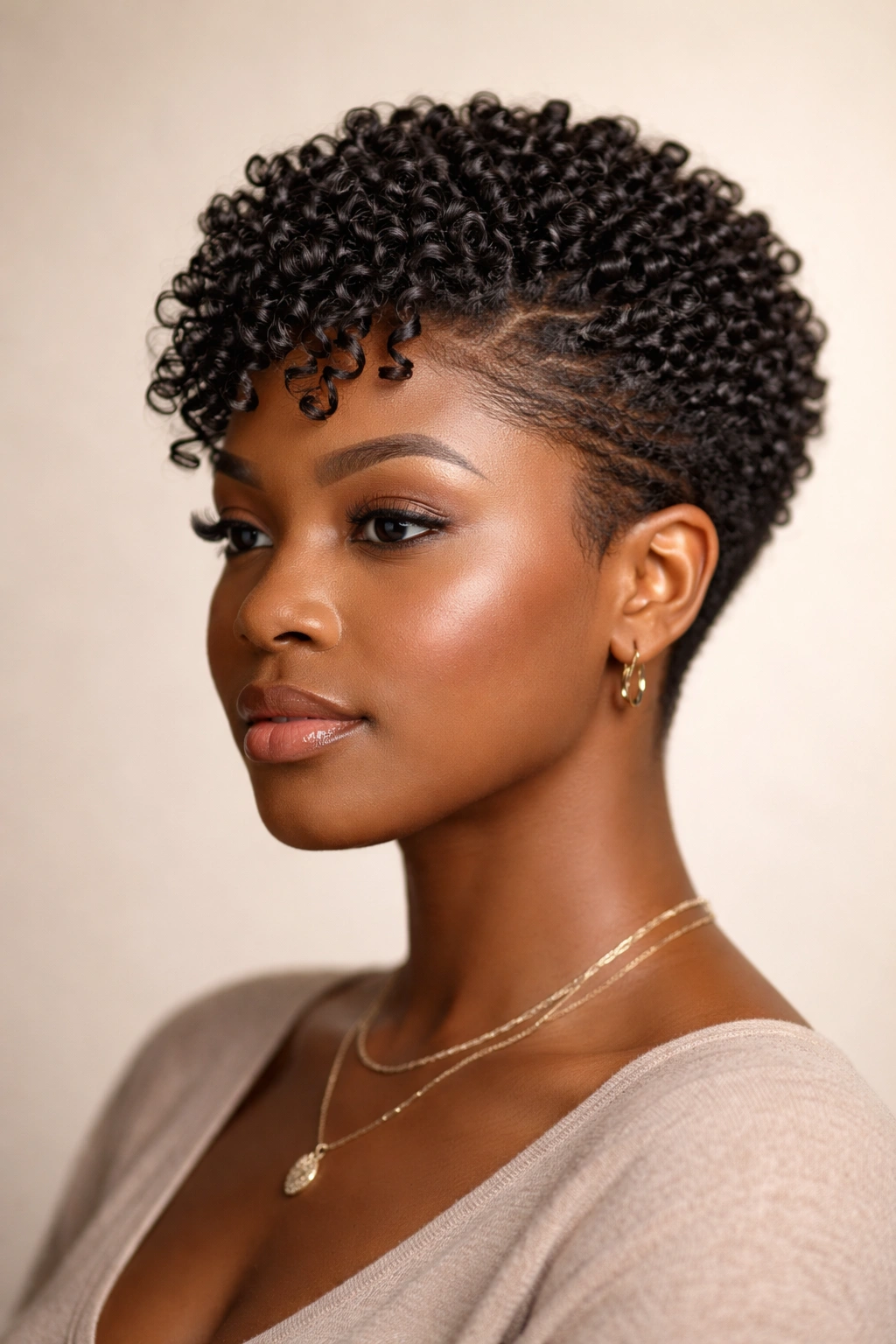 Tight finger coils around the crown with looser coils at the front