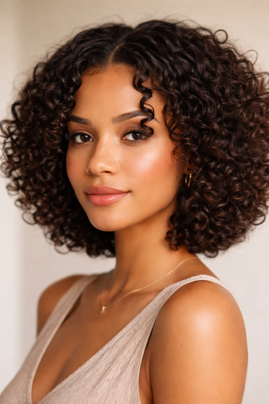 Front curls finger-coiled to frame a curly bob