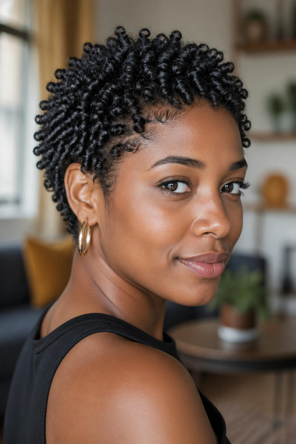 Close-up portrait of a real person with finger-coiled mini fro and defined coils.