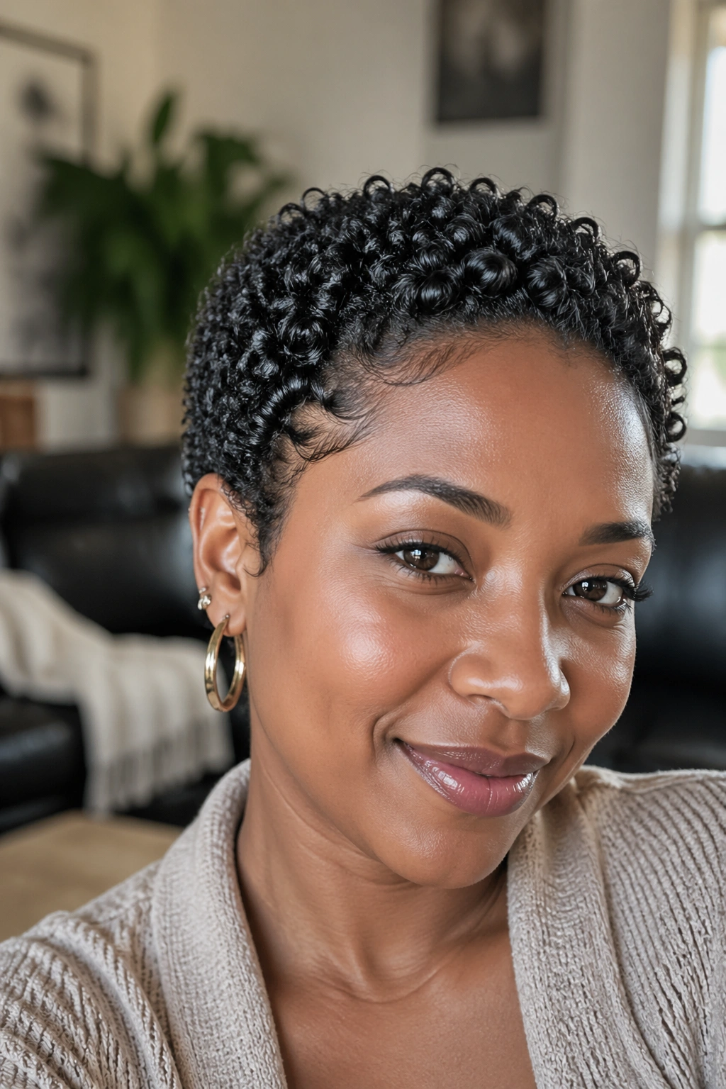 Close-up portrait of a real woman with finger-coiled mini afro in natural light.