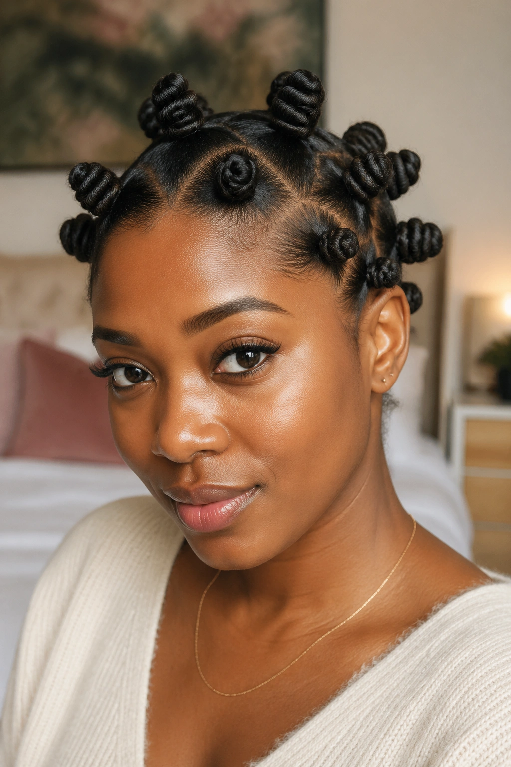 Close-up of finger-coiled bantu knots on a real person