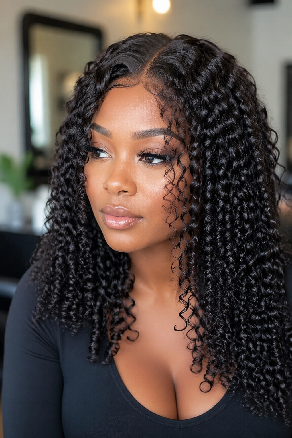 Close-up of a real person with finger-coiled glossy curls all over a wig