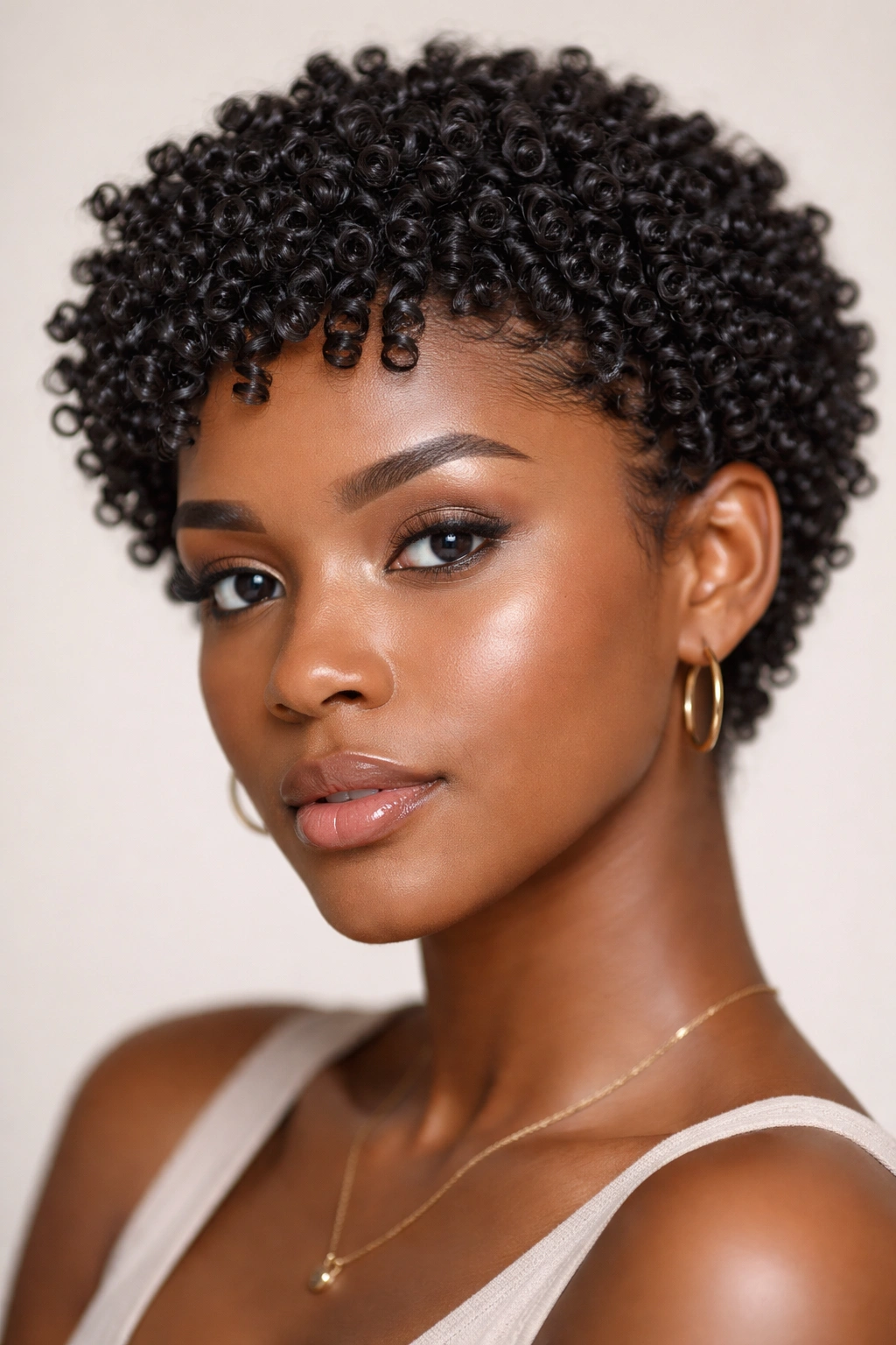 Close-up of defined finger coils on short 4A curls showing tight spirals.