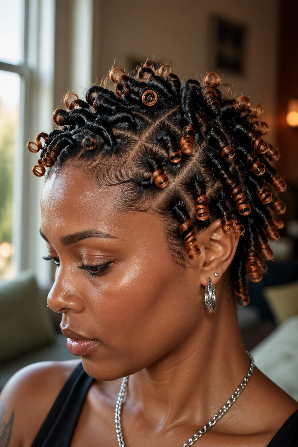Close-up of finger coils with copper-ended ends on a real woman's hair