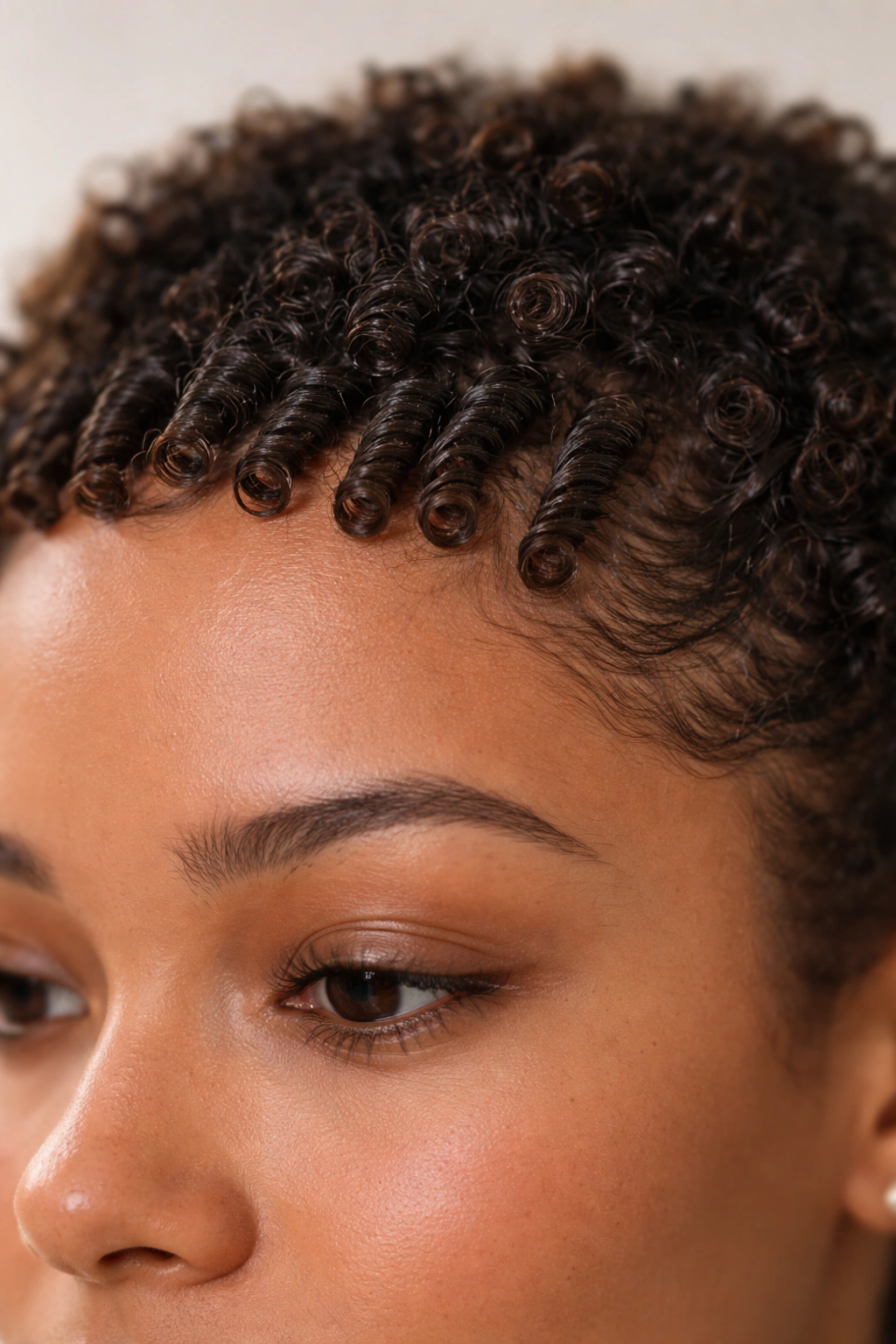 Close-up of finger coils along the front hairline on short curly hair with gel shine