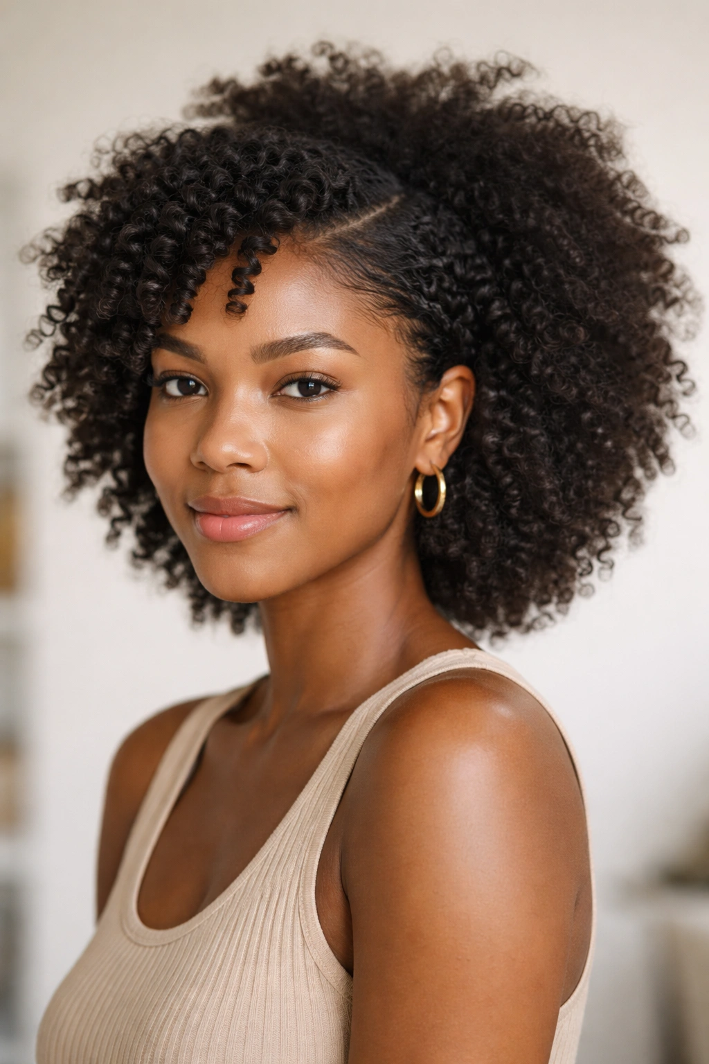 Close-up of front finger coils with a loose fluffy back fro in soft studio light