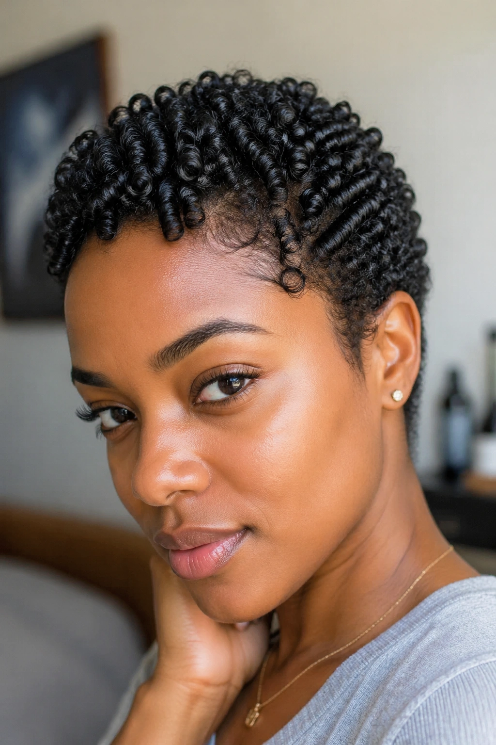 Close-up of a real woman with tiny finger coils on a short afro.