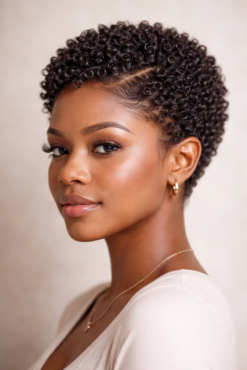 Close-up of finger coils forming tight spirals on short hair