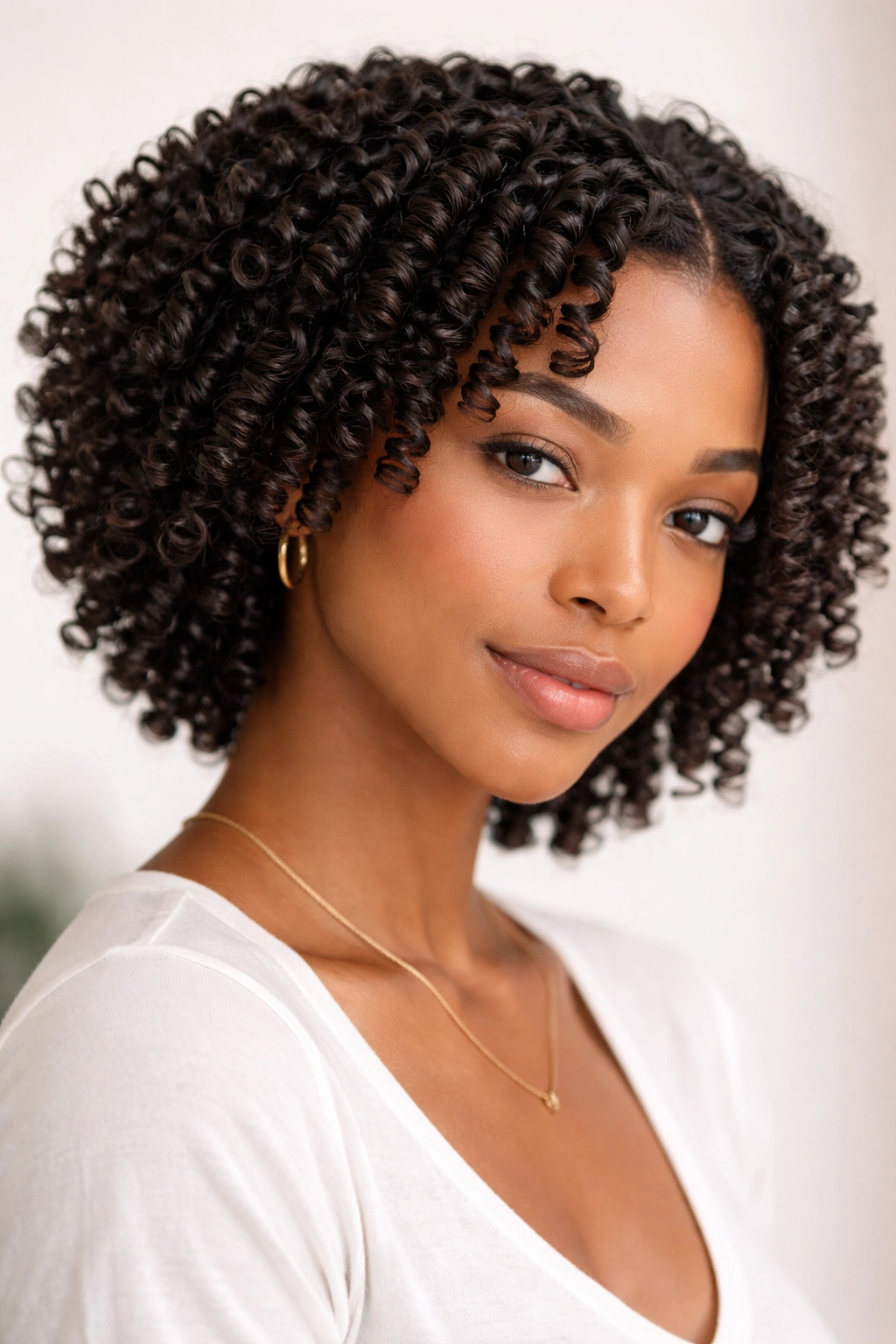Close-up of neatly defined finger coils on short to medium curly hair