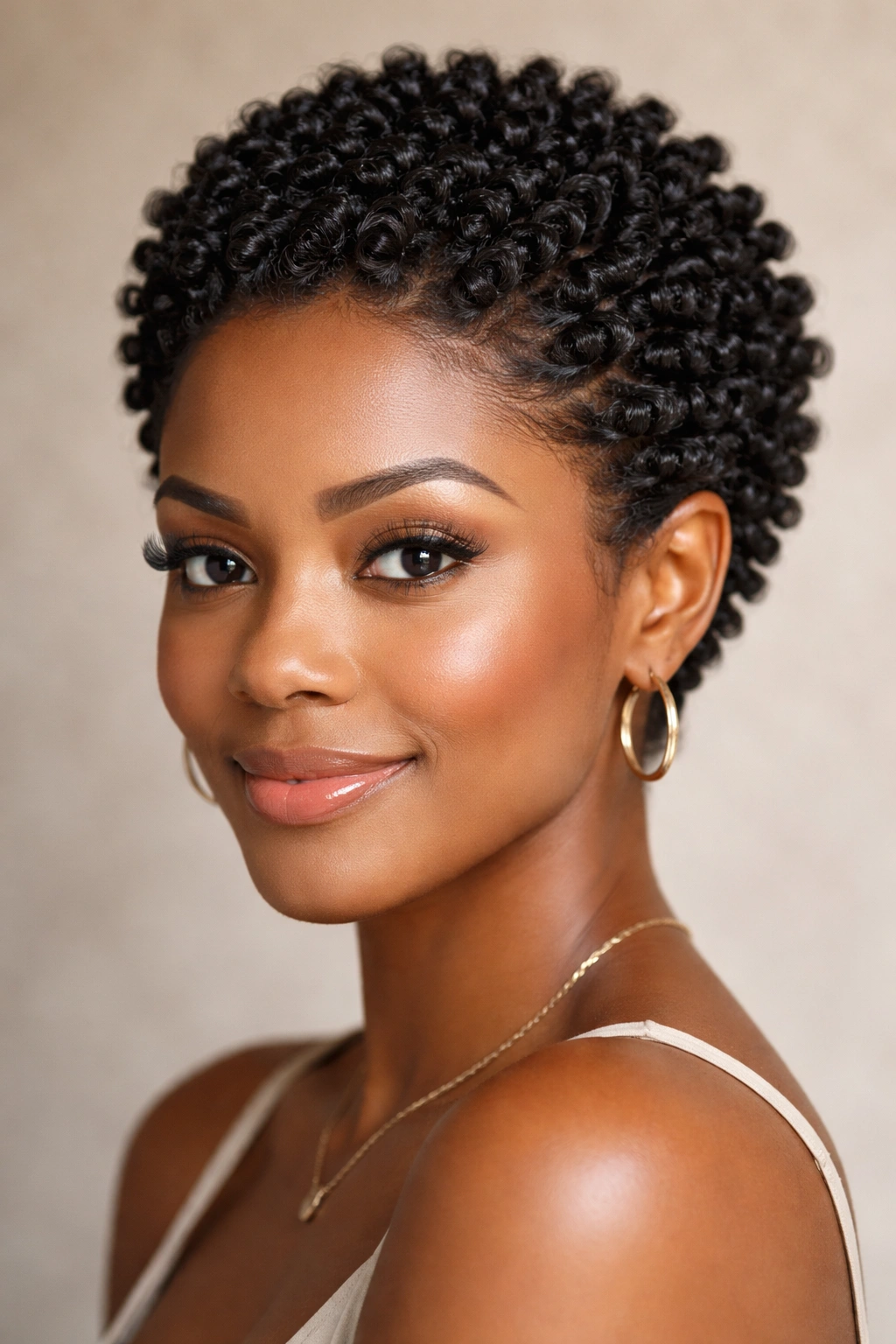 Close-up of a short afro with defined finger coils on natural hair