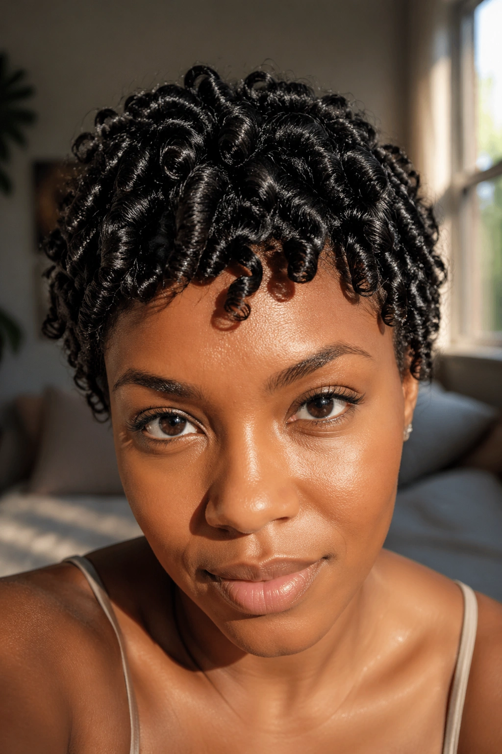 Close-up of a real woman's short afro with finger coils in natural window light