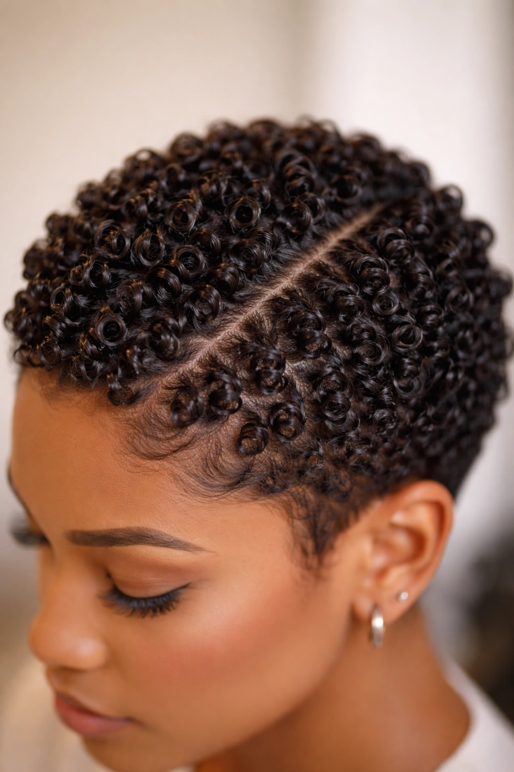Close-up of defined finger coils on short curly hair.