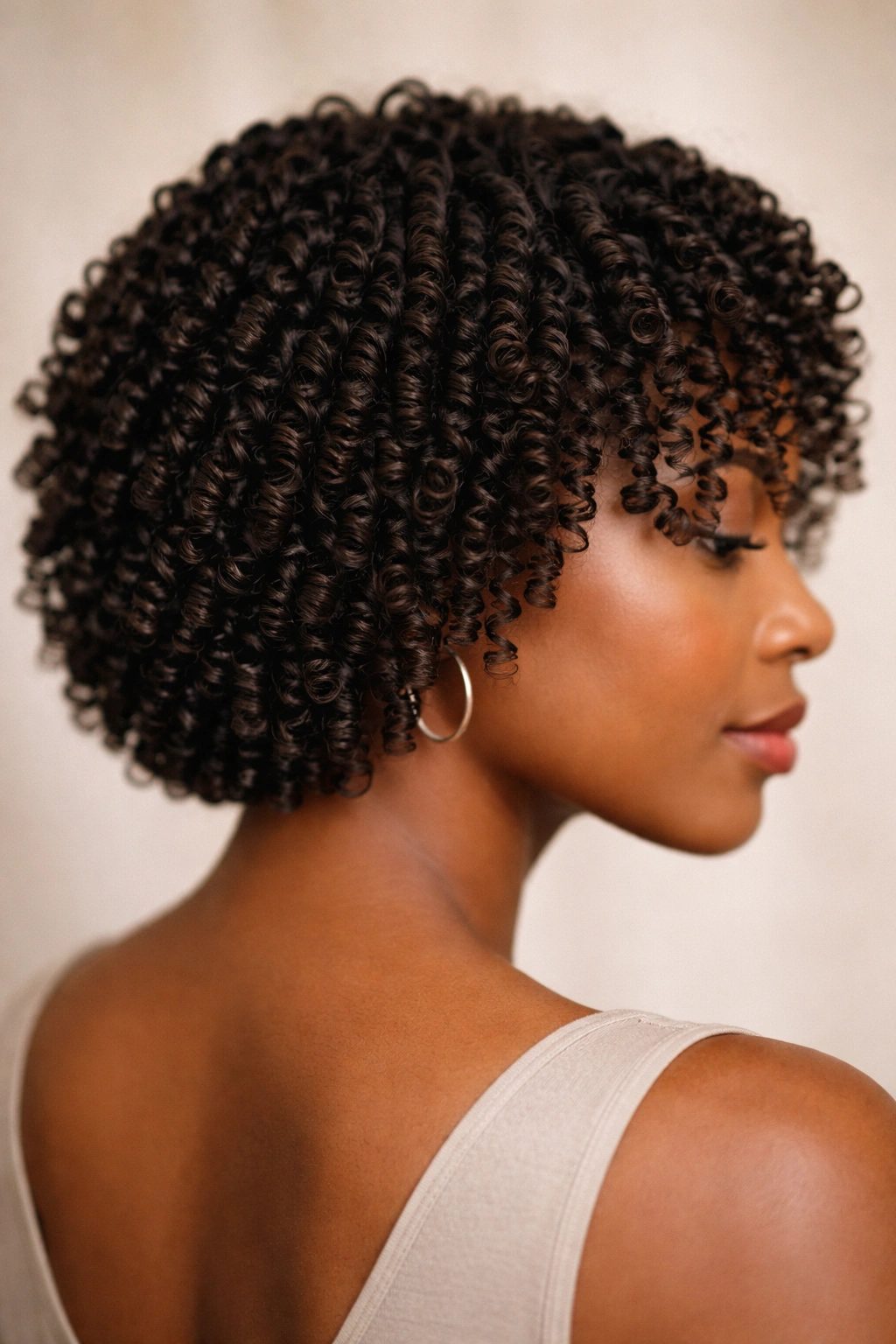 Close-up of finger coils on short natural hair bob with tight defined ringlets