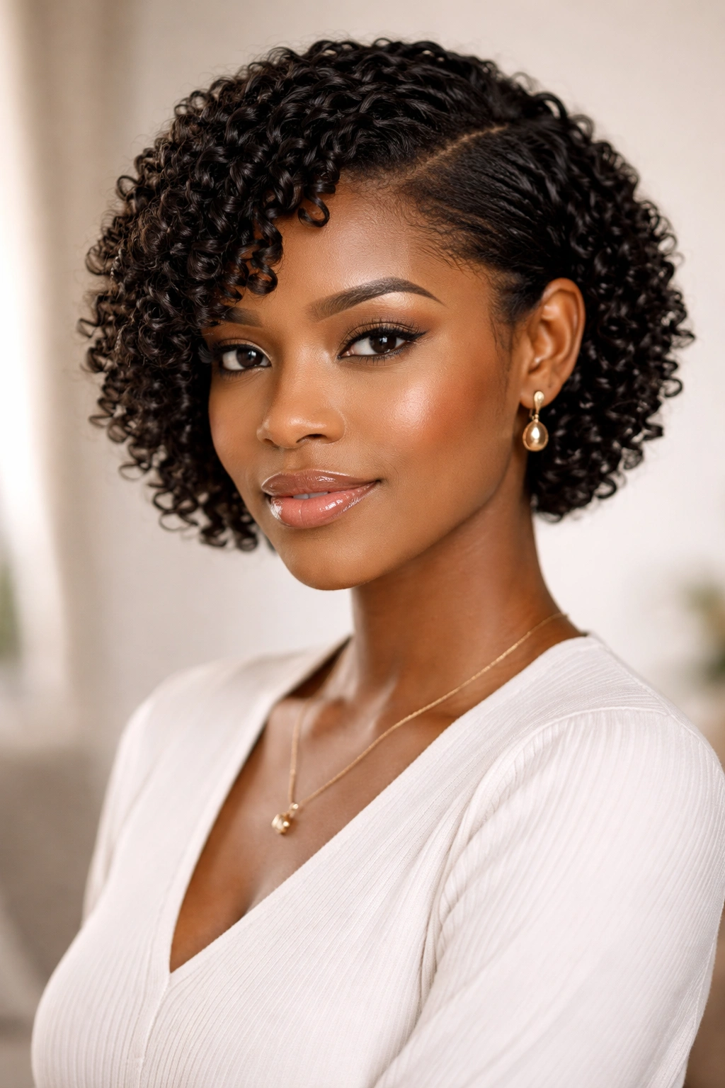 Close-up of finger coils with a side tuck framing the face