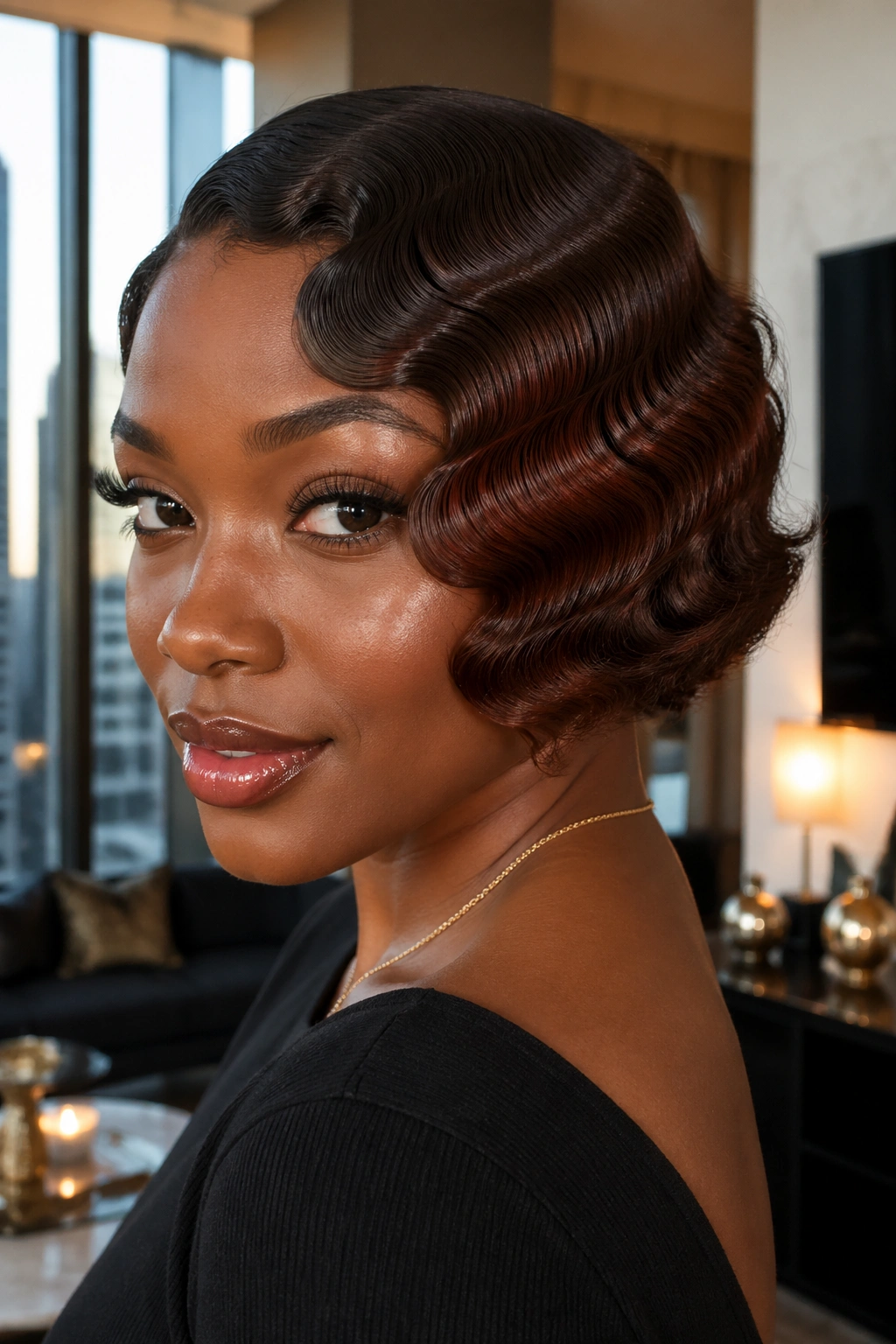 Close-up of finger-waved bob with espresso and mahogany tones on a real person