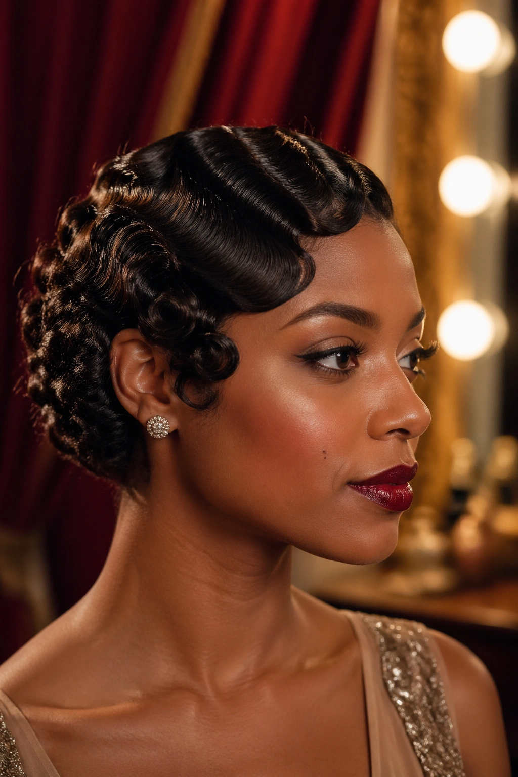 Close-up of sculpted finger waves on short curls on a real person