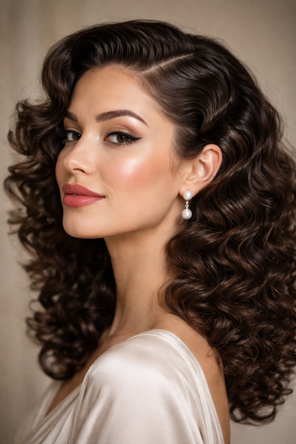 Temple finger waves on curly hair with side-swept front