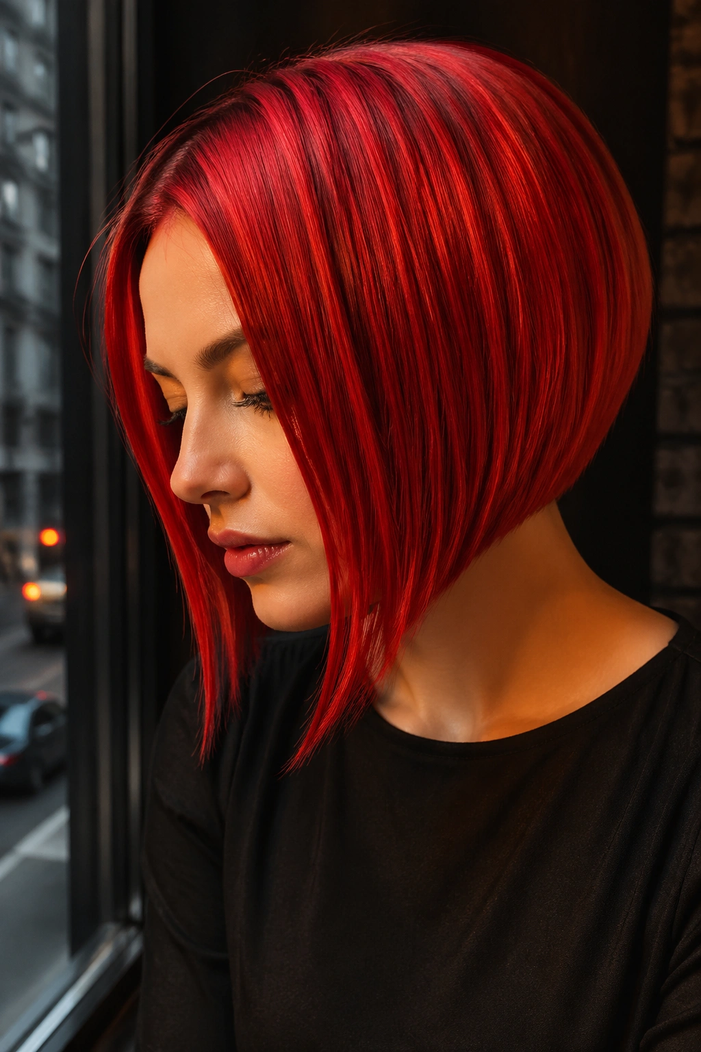 Close-up portrait of a real woman with a fire engine red angled bob