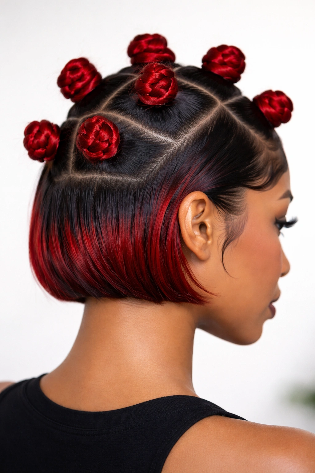 Chin-length bob with fire-red knots and a smooth tight nape