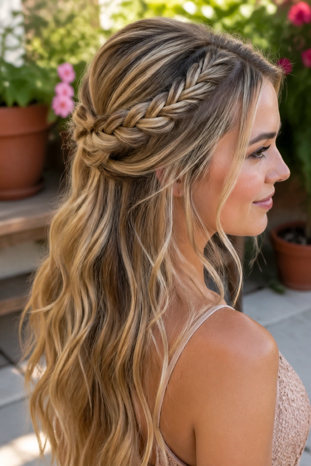 Close-up of a real woman showing a loose fishtail half-up in a sunlit garden