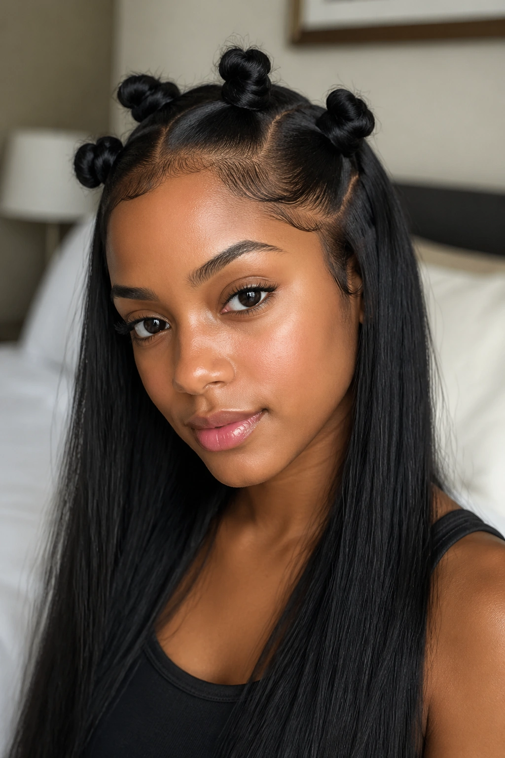 Close-up of a real woman with a five-knot half-up crown on long straight hair
