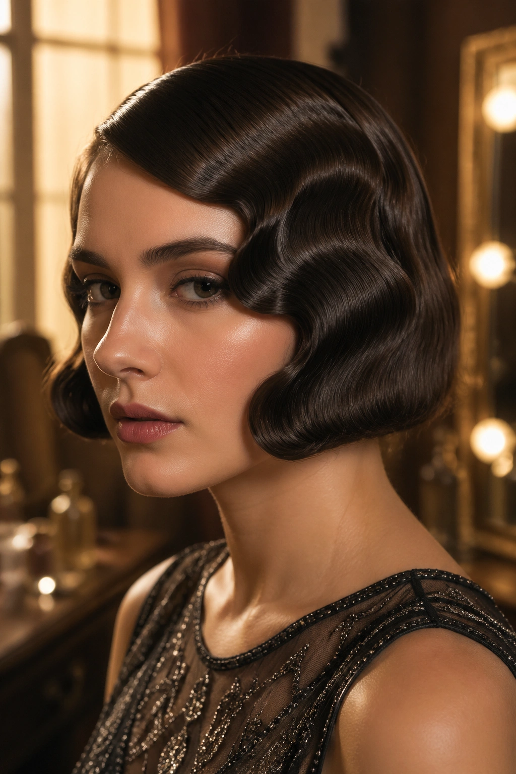 Close-up portrait of a woman with a chin-length flapper bob and finger waves.