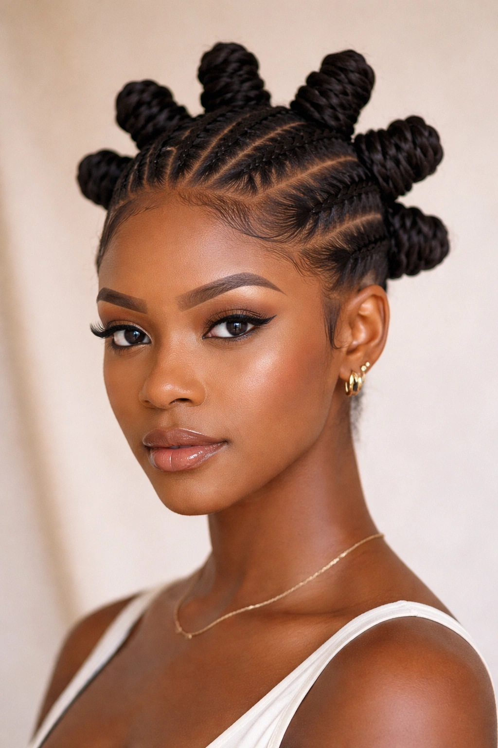 Front flat twists transitioning into crowning knots for dimensional look