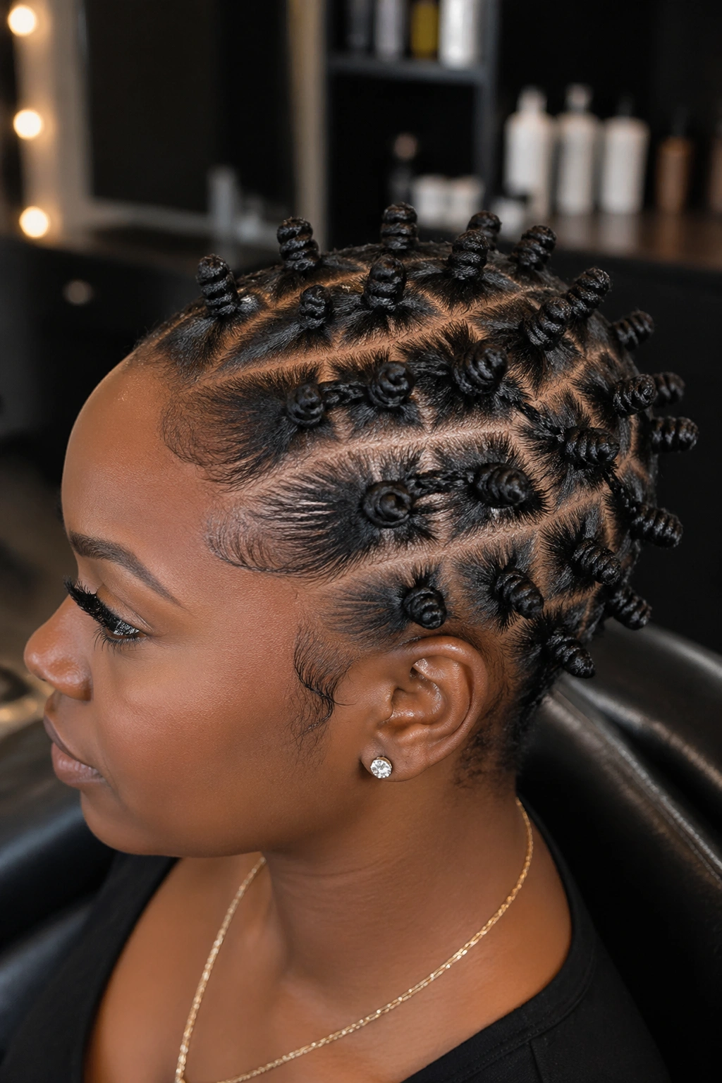 Real woman with flat twists forming the base for small Bantu knots