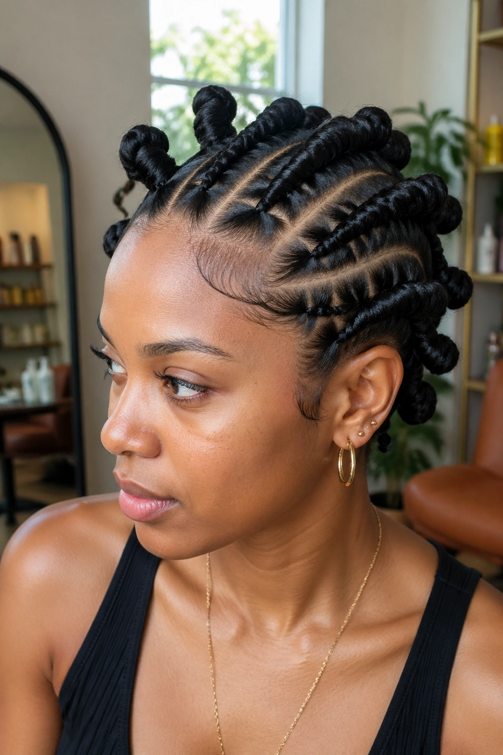 Close-up of flat twist Bantu knots along the scalp on a real person.