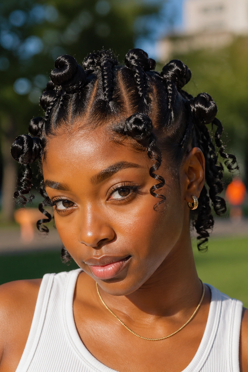 Close-up of flat-twist bantu knots with defined ends on a real woman