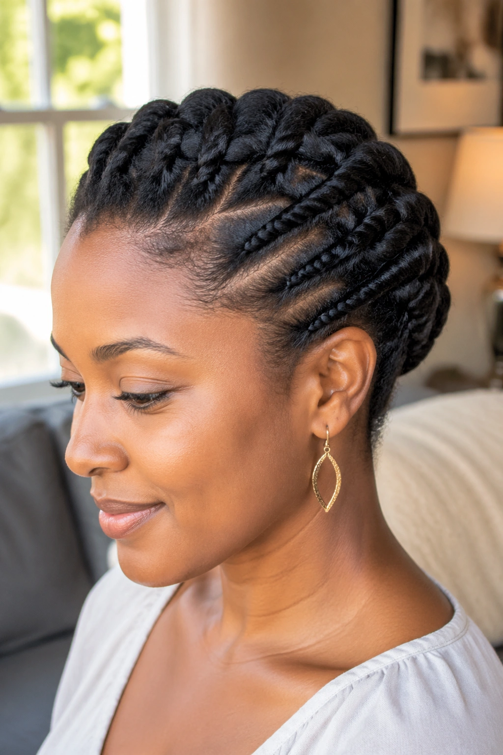 Close-up of a real woman with a crown of flat twists around the head in a softly lit room.
