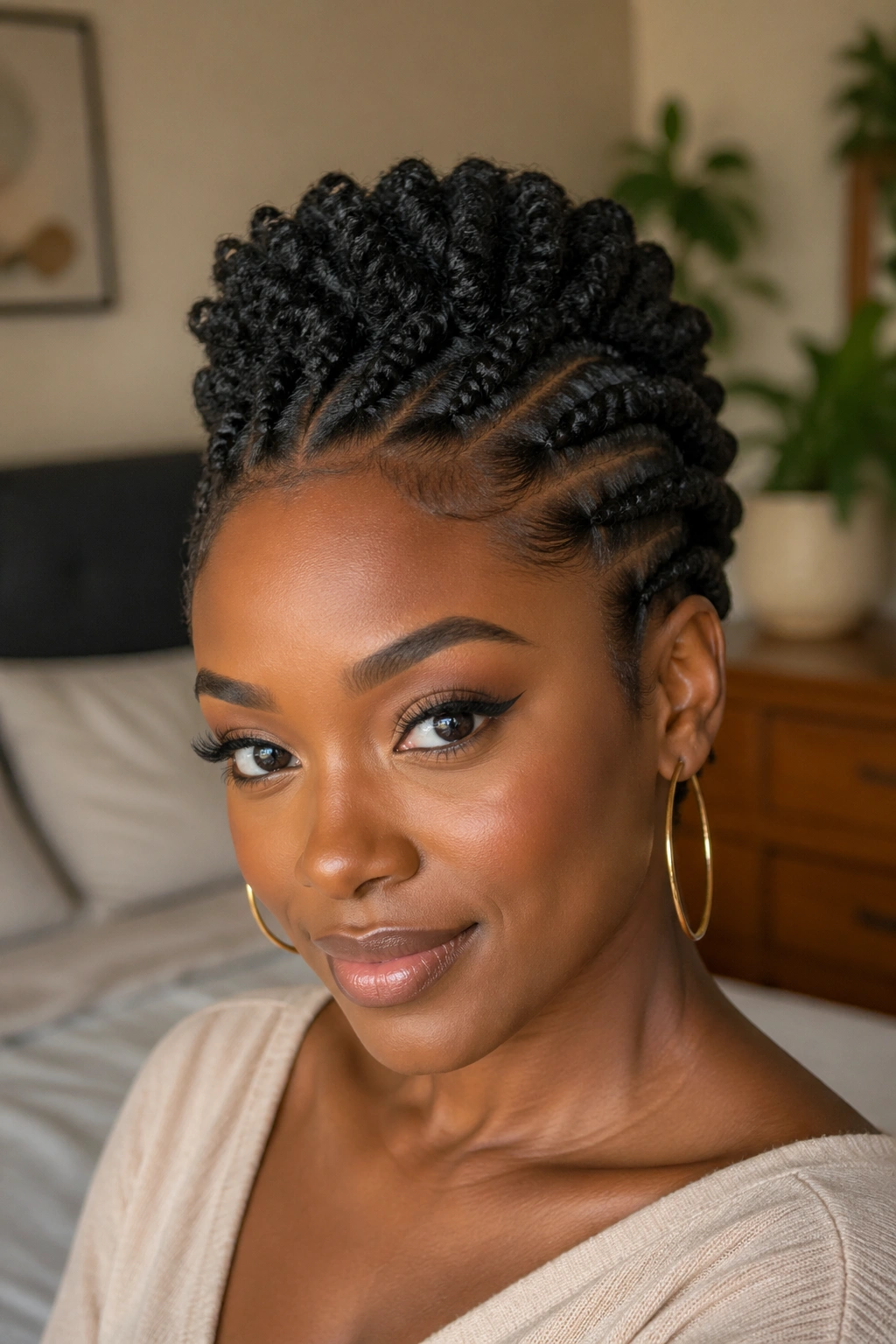 Close-up of a real person with flat-twist crown hairstyle showing twists along the sides and a voluminous crown