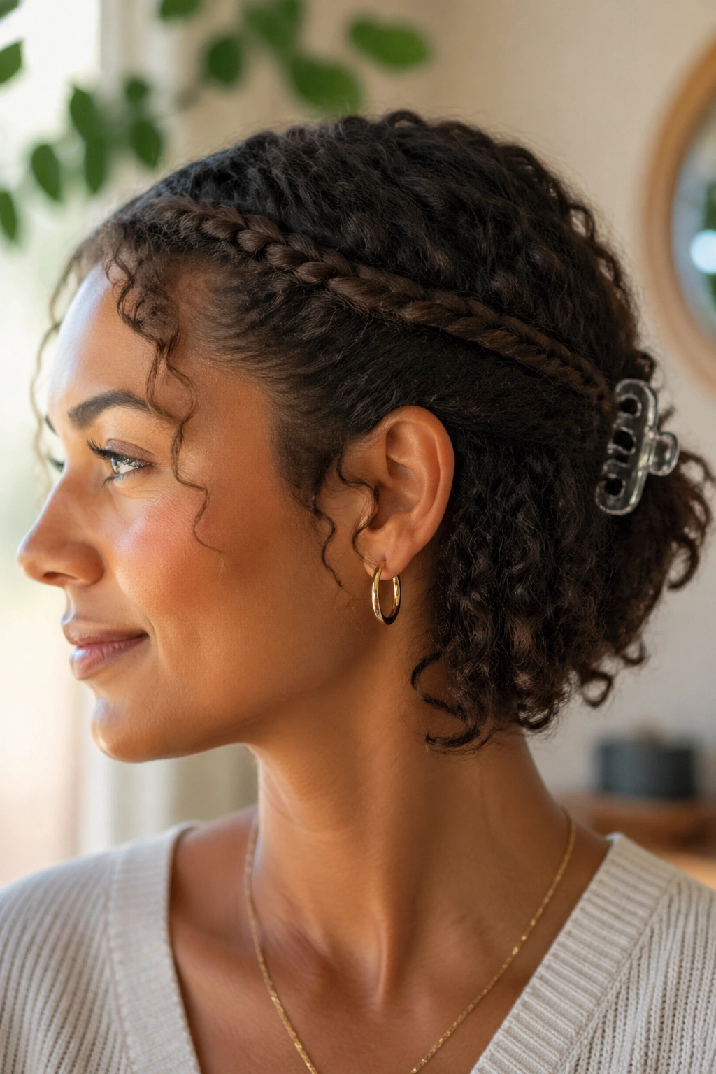 Close-up of a real woman with flat twists forming a crown and a low clip