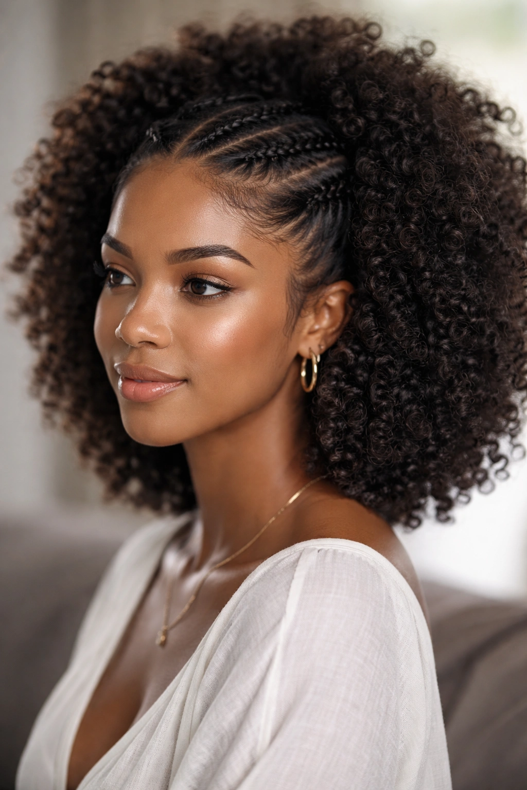 Flat-twist crown with curly afro and loose curls