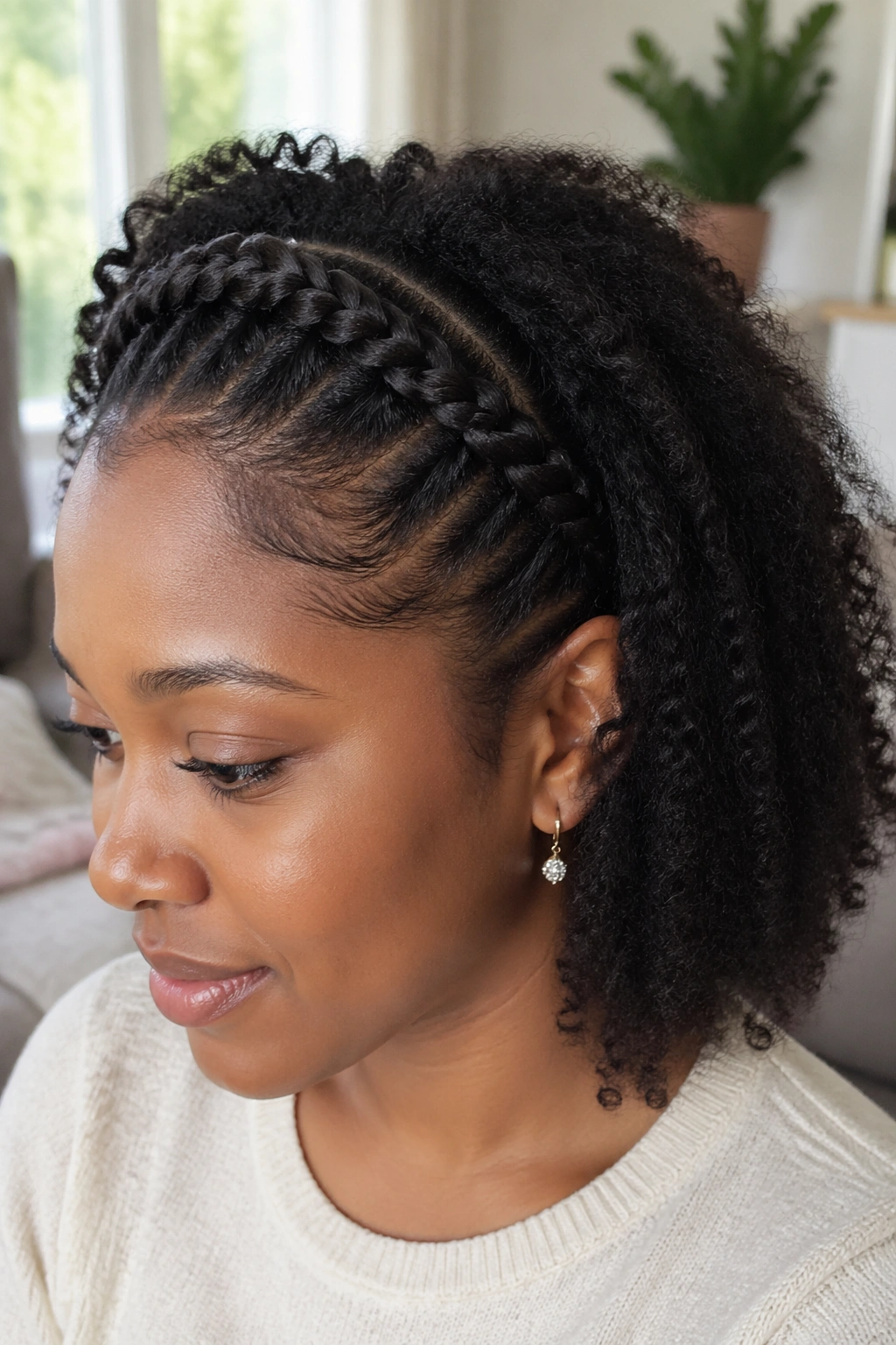 Portrait of a person with flat-twist crown and loose-back hair under natural light