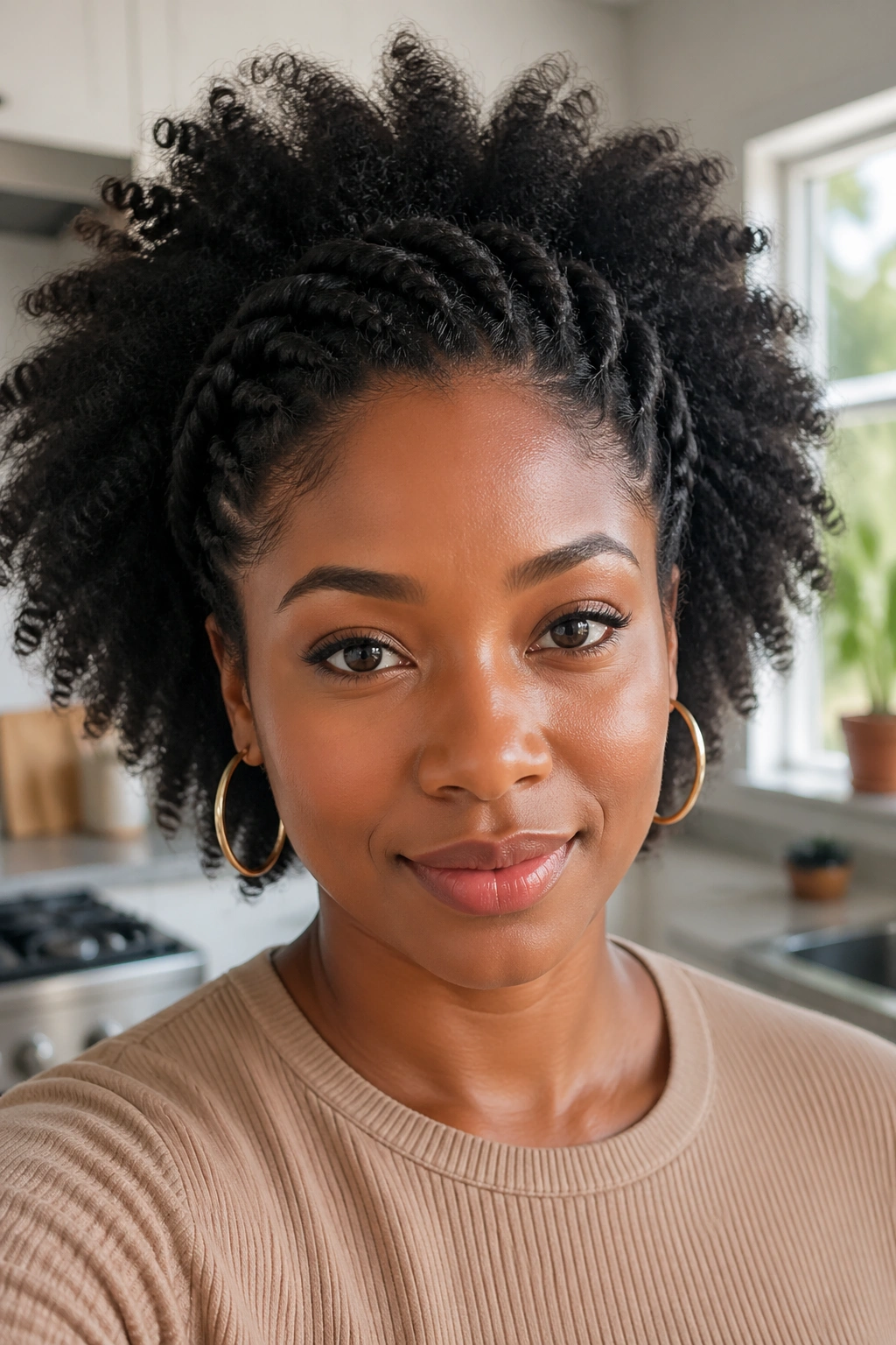 Close-up of a real woman with flat-twist crown afro hairstyle