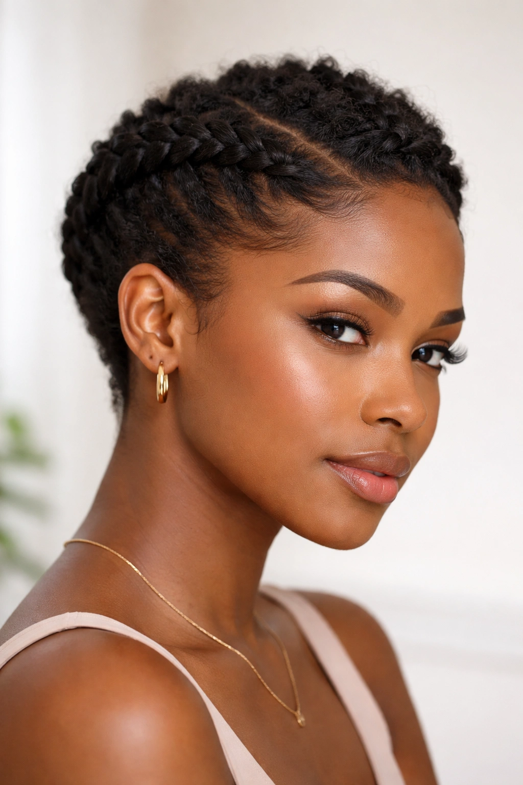 Flat twist crown along hairline framing the head on short hair